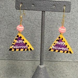 Happy Halloween Triangle Earrings Pink White Strip